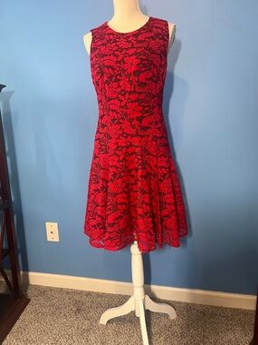 Tommy Hilfiger Red Floral Lace-Effect Fit & Flare Mini Dress, Size 6